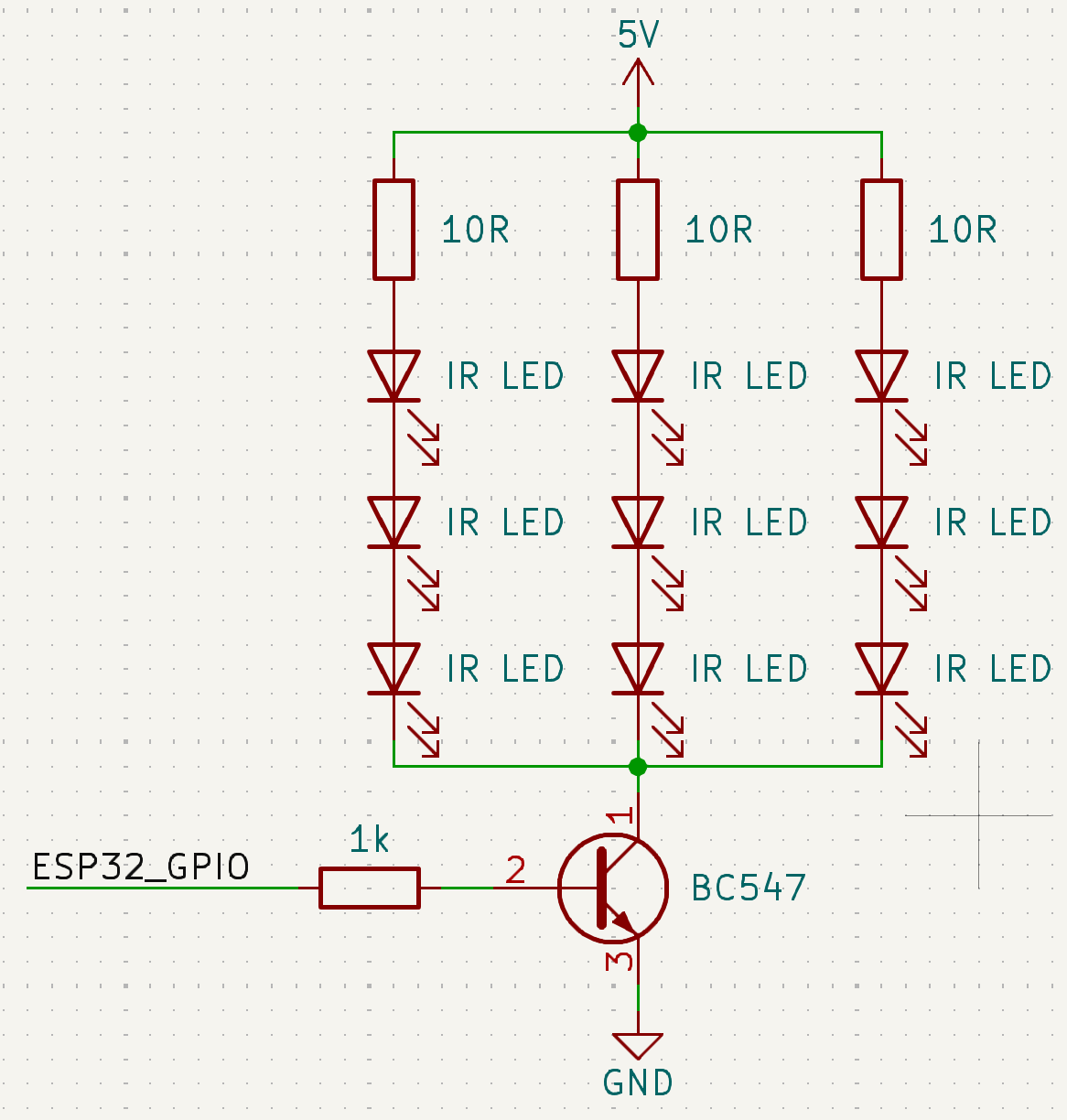 3× IR LEDs in parallel, each with 10 Ω resistor at 5V