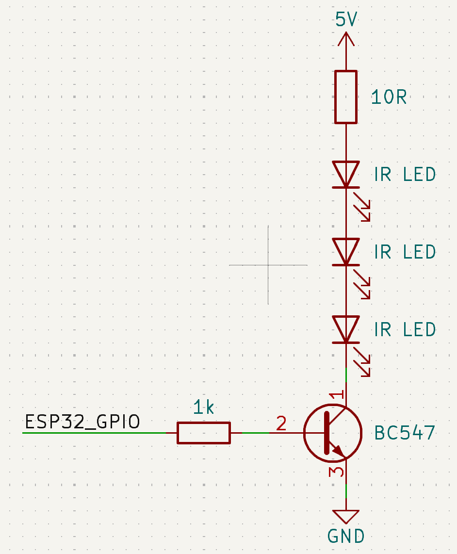 3× IR LEDs in series with 10 Ω resistor at 5V