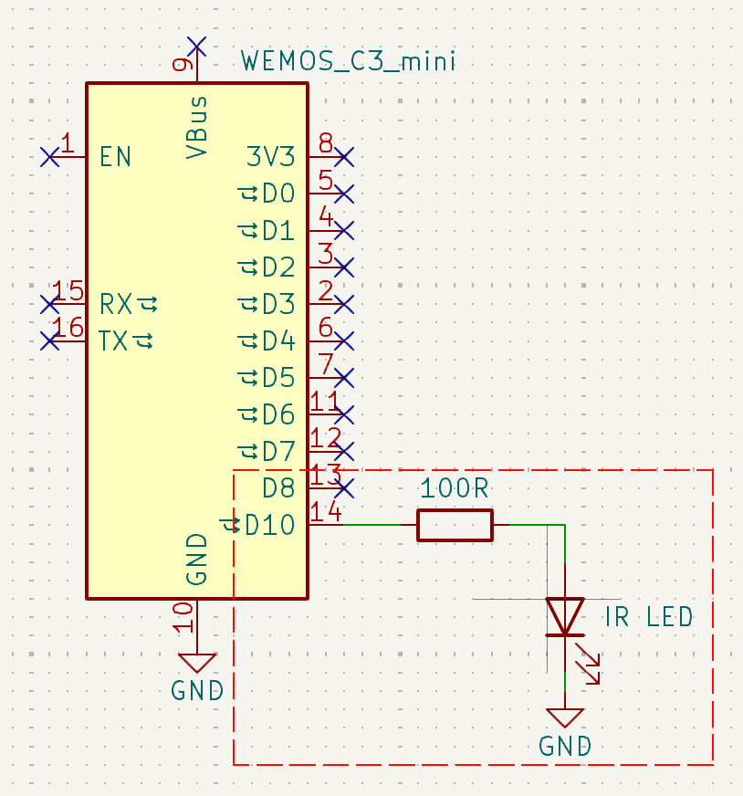 Direct GPIO drive: Wemos C3 Mini, D10 via 100 Ω to IR LED