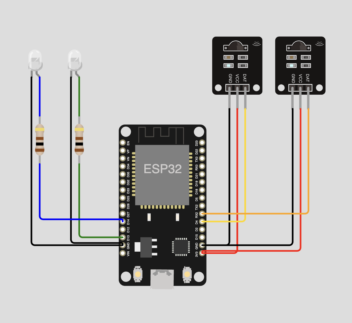 Wiring: 2× IR receivers + 2× IR LEDs